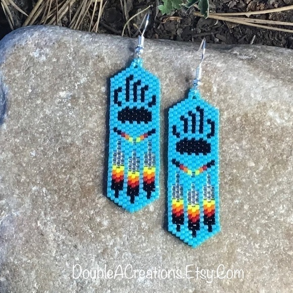 Bear Paw with Native Feathers Beaded Earrings, New, Handmade by Me - Picture 4 of 7